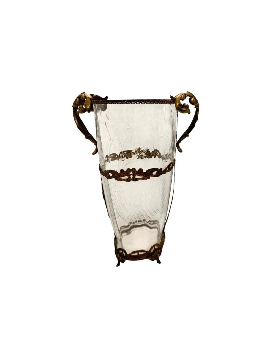 Antique French Ormolu Glass Vase Etched Floral Cut Brass Footed Frame